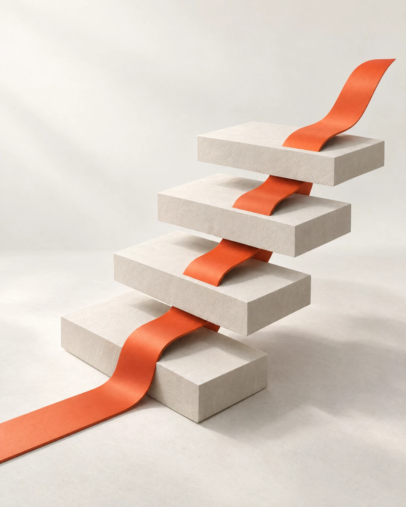 Layered architectural planes with a vermilion ribbon rising through them